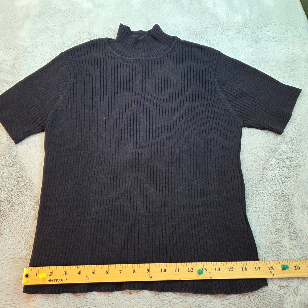 Talbots Mock Neck Ribbed Sweater Women Large Black Short Sleeve Cotton Top